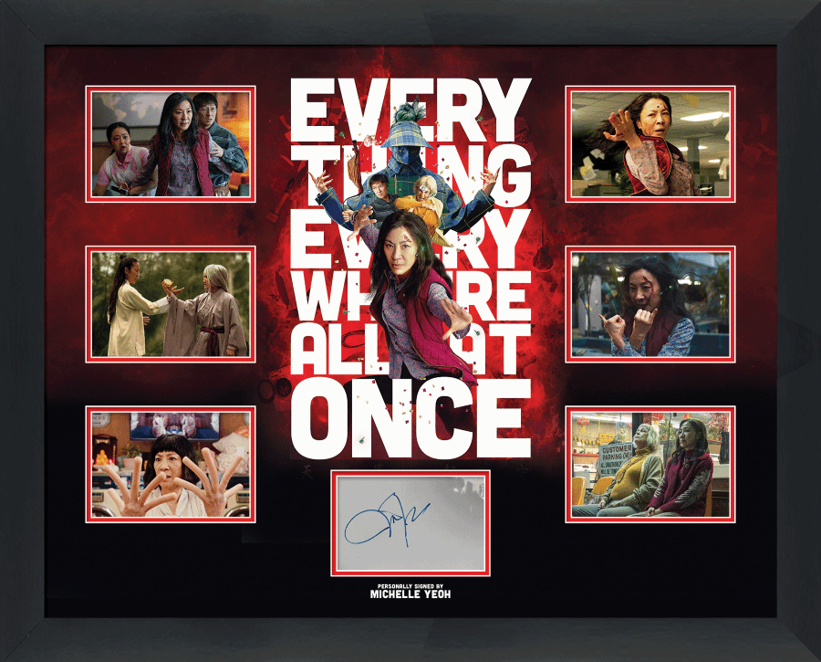 Everything Everywhere All At Once White Card Signed by Michelle Yeoh Display - Memorabilia Framers Shop